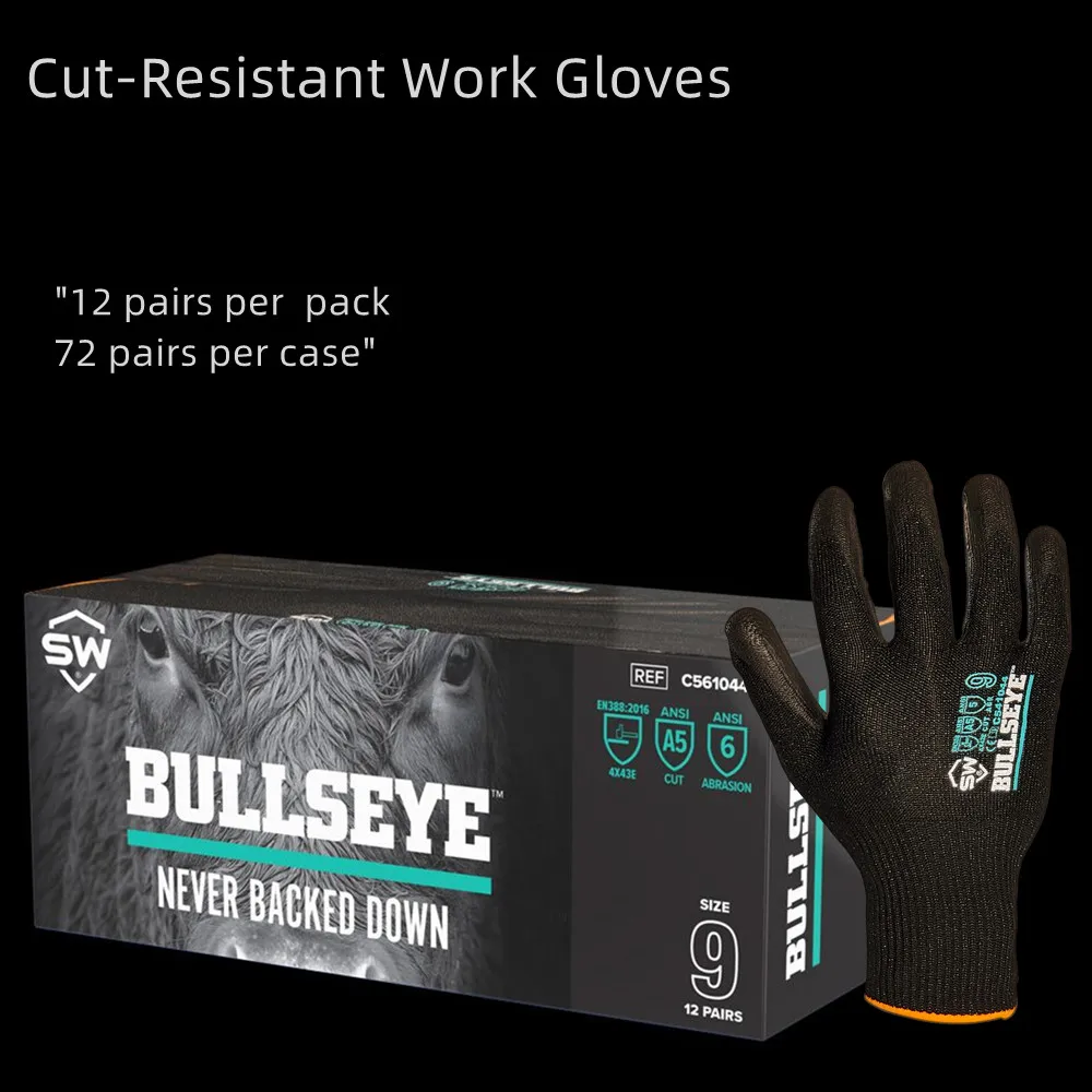 BullsEye Black Blade Cut Resistance Work Safety Glove, Palm Thin PU Coated, ANSI Cut 5, LightWeight, Abrasion,Grip, Breathable