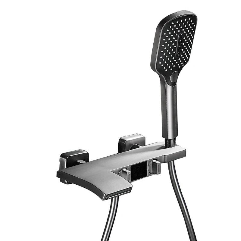 

Bathtub Hand-held Shower Handle of Gray Hanging Wall Type and with Led Digital Display Waterfall Tub Faucet Shower System