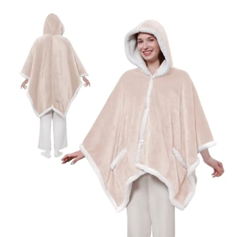 

Heated Throw Wearable Shawl Wrap with Pockets Reversible Flannel to Sherpa Electric Blanket Hoodie Poncho with 6 Heating Levels