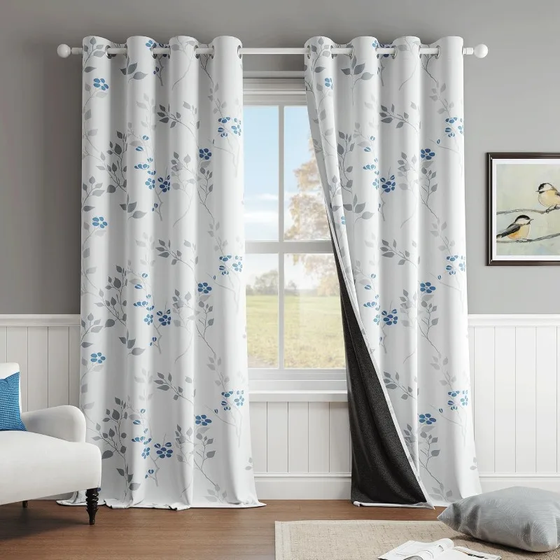

Floral 100% Blackout Curtains 84 Inches Long 2 Panels for Bedroom Living Room Blue Grey and White Flower Patterned Room