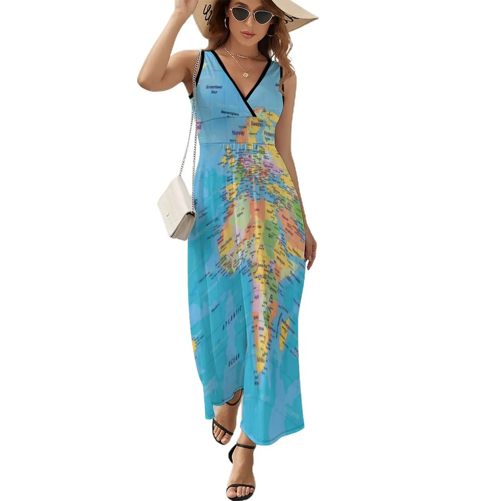 

Earth Map Dress Women World Maps Print Elegant Maxi Dress V Neck High Waist Aesthetic Pattern Boho Beach Long Dresses