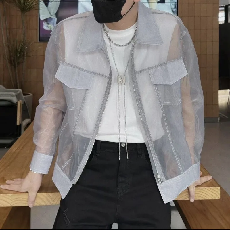 Fashion See-through Thin Jacket Sun Protection Coat Men Summer High Quality Design Zip Up Jacket Loose Streetwear Black Grey New