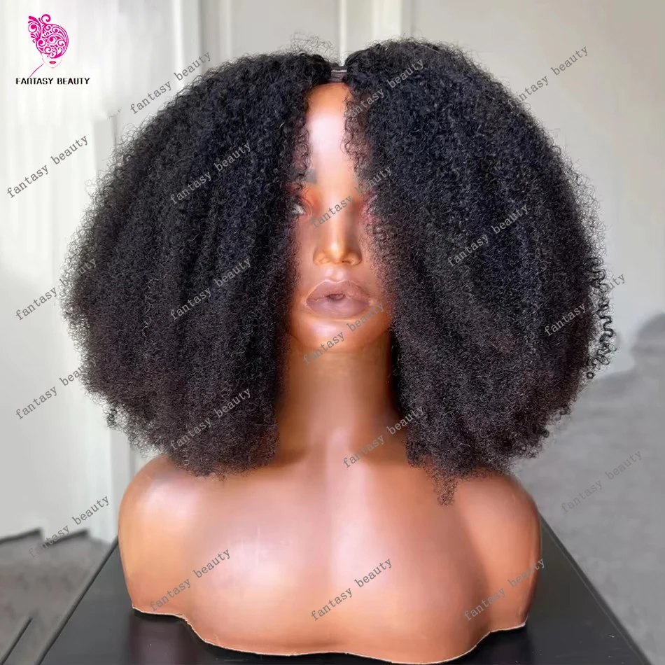 

Парик из 100% натуральных необработанных человеческих волос Afro Kinky Curly V-образной формы, без клея, черно-коричневый, U-образный, густой, плотность 250%, тип 4a 4c