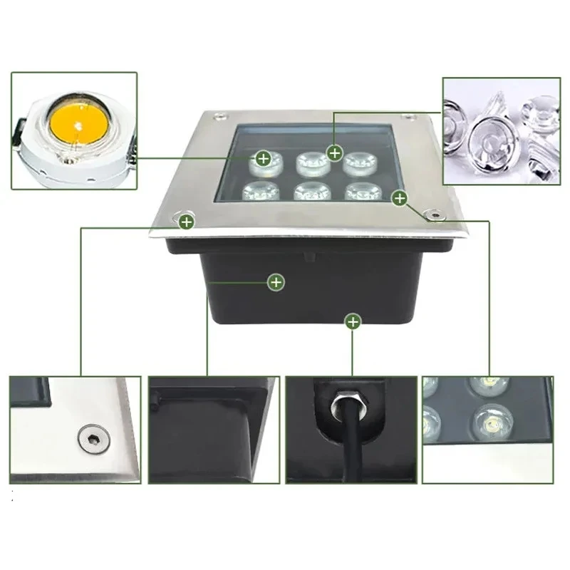 Imagem -04 - Impermeável Led Outdoor Square Floor Light Decoração do Jardim Led Buried Lamps 1w 3w 4w 5w 6w 9w Ac85 265v 12v cc Ip68