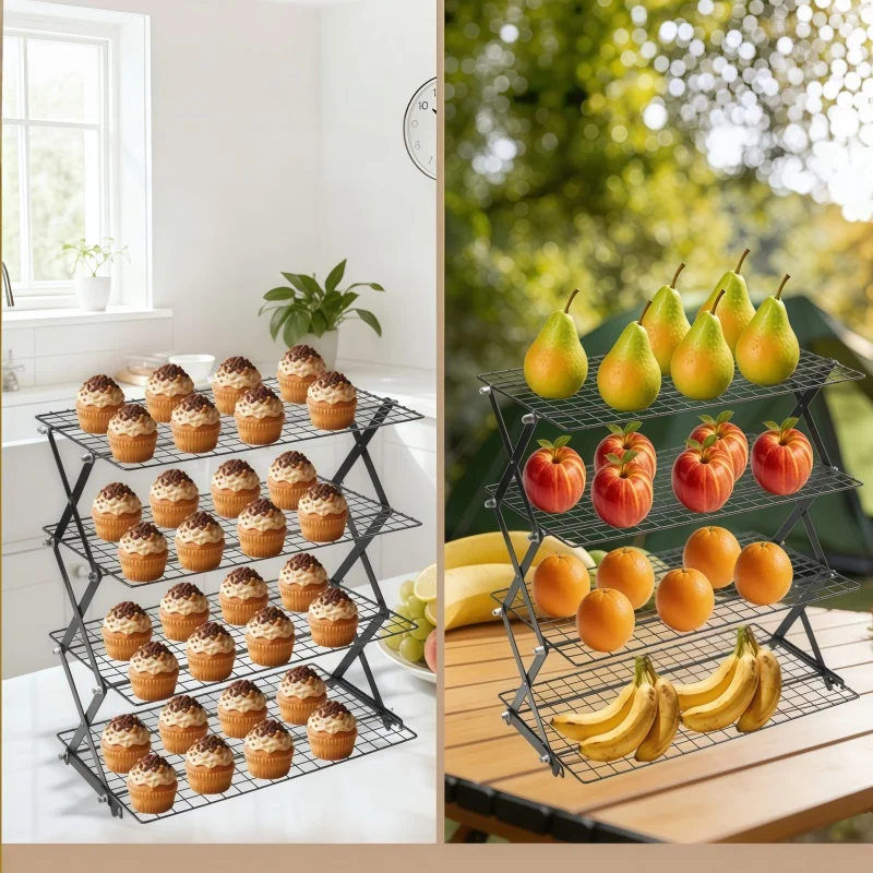Foldable 304 Stainless Steel Cooling Rack Adjustable Kitchen Organizer Shelf for Baking Pastry BBQ Outdoor Use