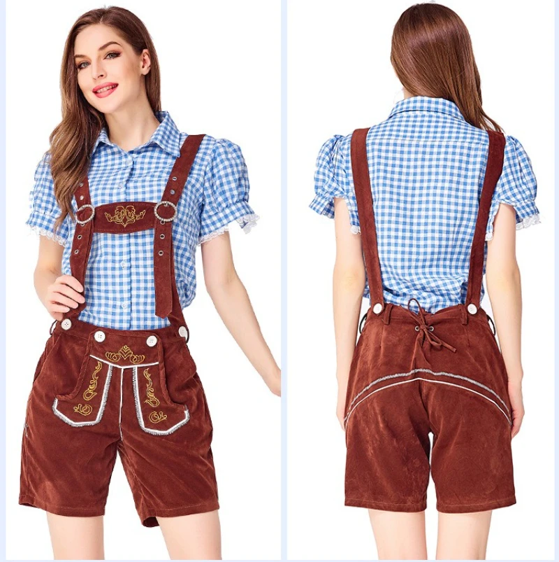 

Short Sleeve Plaid Shirt Oktoberfest Costume Women Black Brown Lederhosen Bavarian Beer Festival Cosplay Fancy Party Dress