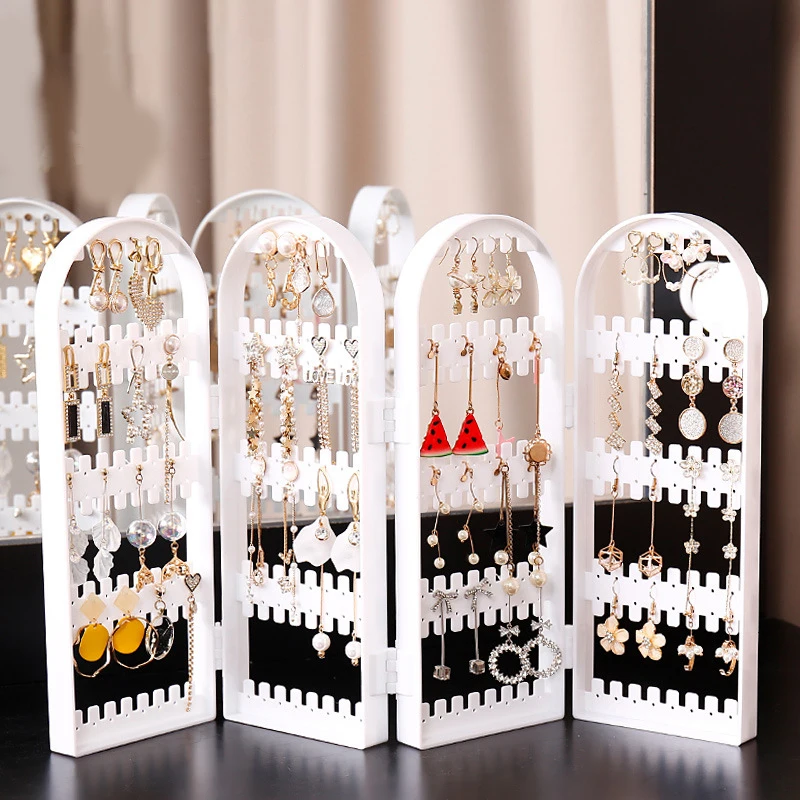 1 Set Folding Earrings Studs Display Rack Necklace Jewelry Shelf Stand Holder 2-4 Fans Panels Screen Organizer Storage Box