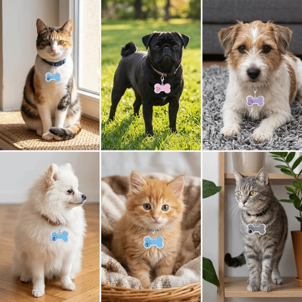 Multi Colors Pet ID Tag Bone Shape Paw Print Pattern Cat Identity Tag Light Weight Metal Craft Pet Hanging Pendant