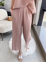 YUDX Women Pleated Pants Solid High Waist Wide Leg Cropped Trousers Loose Elastic Casual Style 2023 New Summer Fashion