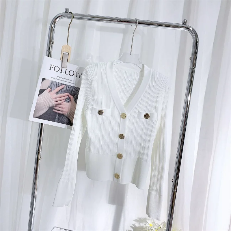 봄과 가을 신상 여성용 골드 버튼 클라인 블루 슬림 브이넥 긴팔 다용도 숏 니트 가디건