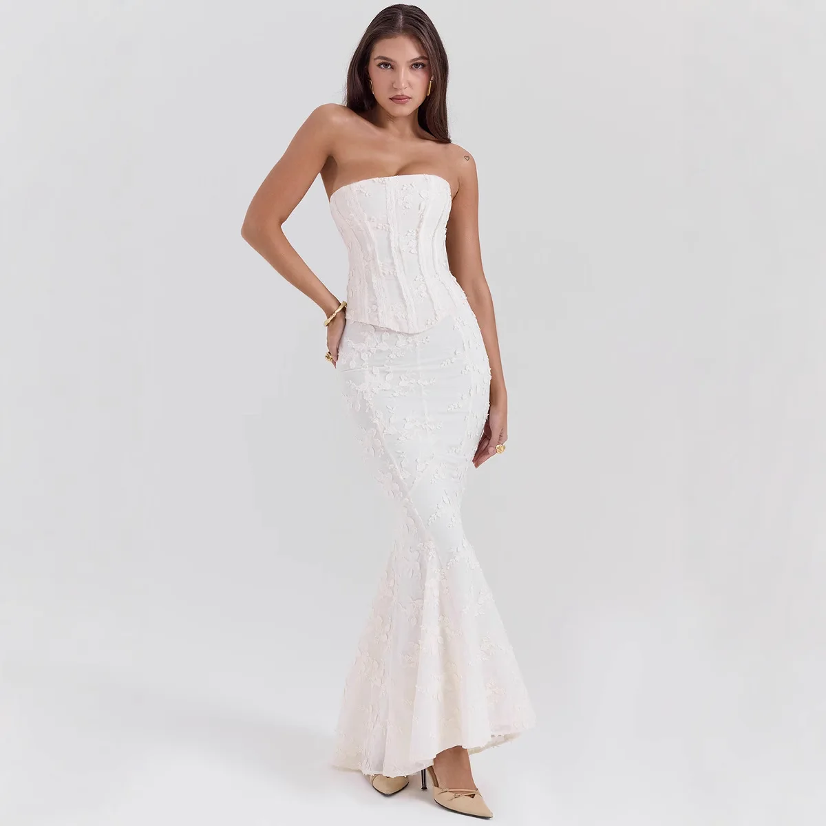 Suninheart Formal Occasions Dress Women Strapless 2 Peices Dress Set White Lace Up Top and Maxi Skirt Set Fashion Matching Sets
