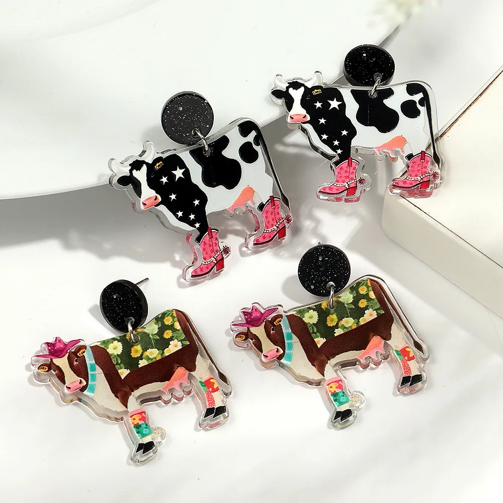 Cute Flower Cow Acrylic Print Earrings for Women New Cartoon Hat Boot Cattle Animals Drop Earring Lovely Jewelry Gifts
