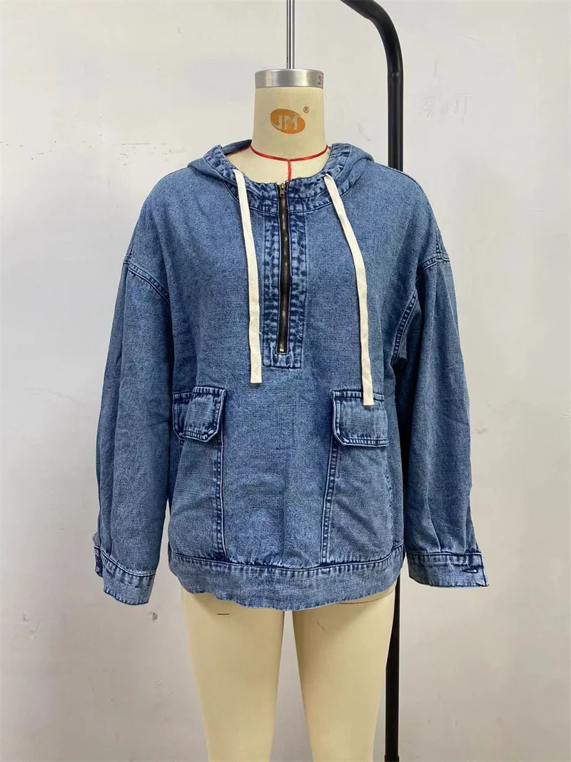 Fashion Casual Washed Denim Drawstring Hoodies Women Loose Vintage Hooded Pullover Tops 2025 Autumn Female Sweatshirt Streetwear