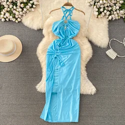 Foamlina Summer Women Sexy Lace-up Halter Sleeveless Long Dress Cut Out Front Slim Fit Drawstring Ruched High Split Club Dress
