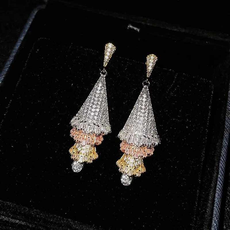 

Women's Micro Inlaid Zircon Three-Color Electroplating Christmas Tree Earrings 3D Skirt Design Gothic Style Jewelry Accessory