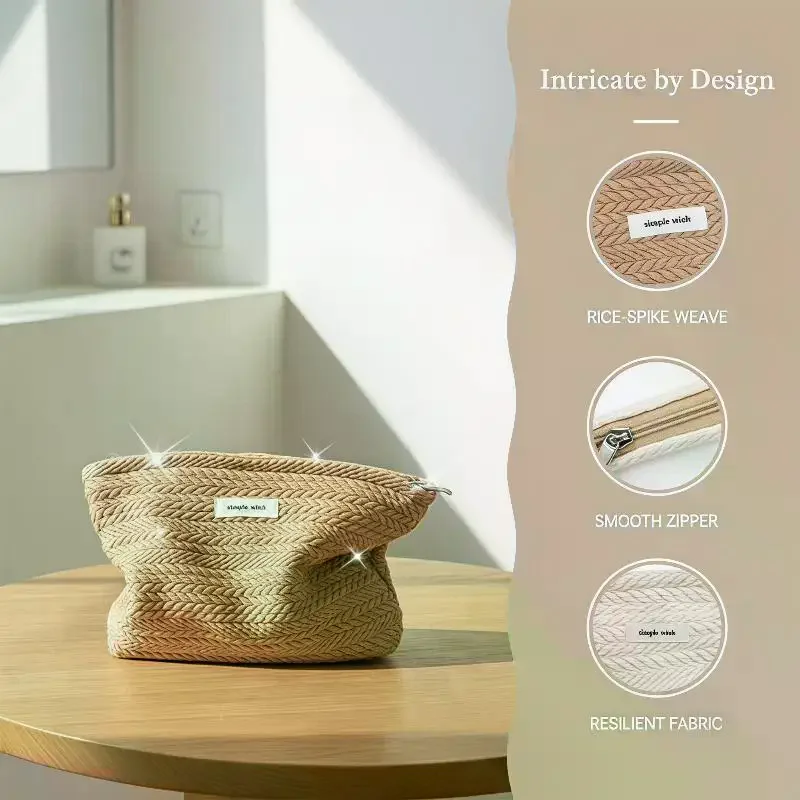 1Pcs High Quality Portable Zipper Makeup Bag Large Capacity Solid Color Cosmetic Bag Woven Fabric Beige Coffee Clutches Bag