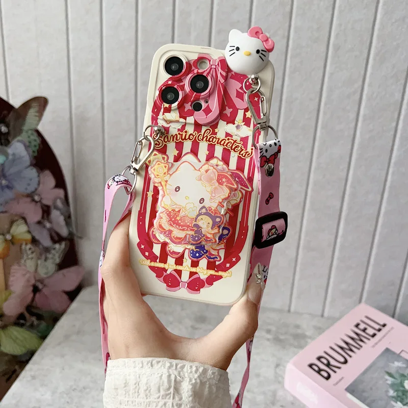 Funda de teléfono con cordón cruzado 3D Hello Kitty Kuromi para iPhone 16 15 14 13 12 11 Pro Max XS X XR 7 8 Plus cubierta a prueba de golpes