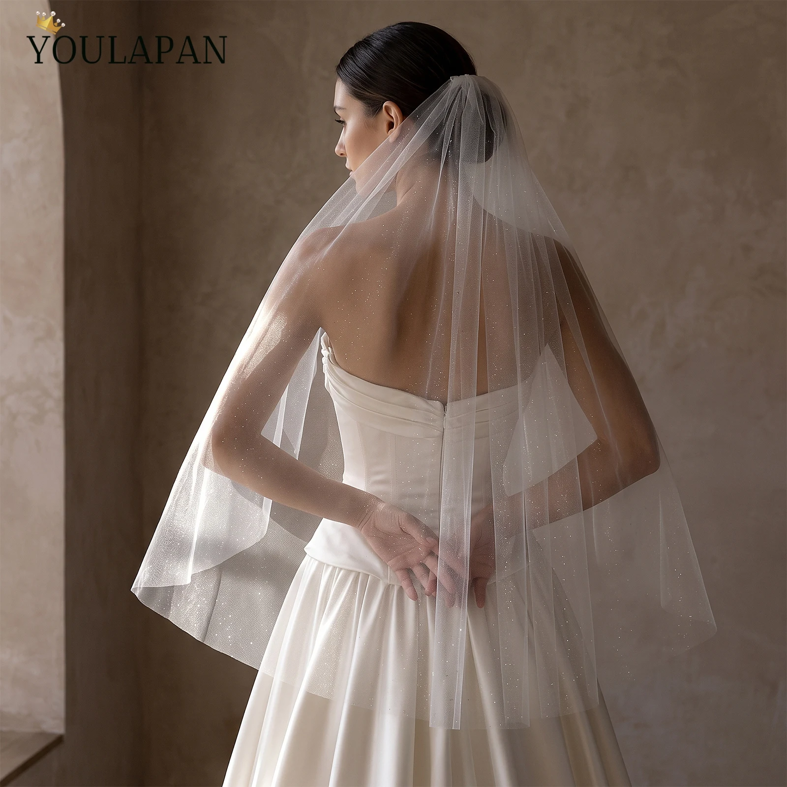 TOPQUEEN V305 Glitter Tulle Wedding Veil 1 Tier Bridal Veil Velo De Novia Con Purpurina Bridal Accessories Customizable