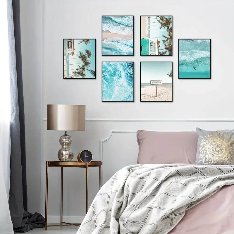 1pcs Blue Wave Beach Canvas Printing Summer Palm Tree Surfing Coastal Tropical Wall Art Poster for Modern Teenager Home Decor