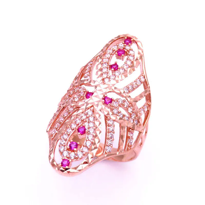585 Purple Gold 14K Rose Gold Wide Version Oval Ruby White CrystalOpenwork Design Luxury Engagement Wedding Ring Women's Jewelry
