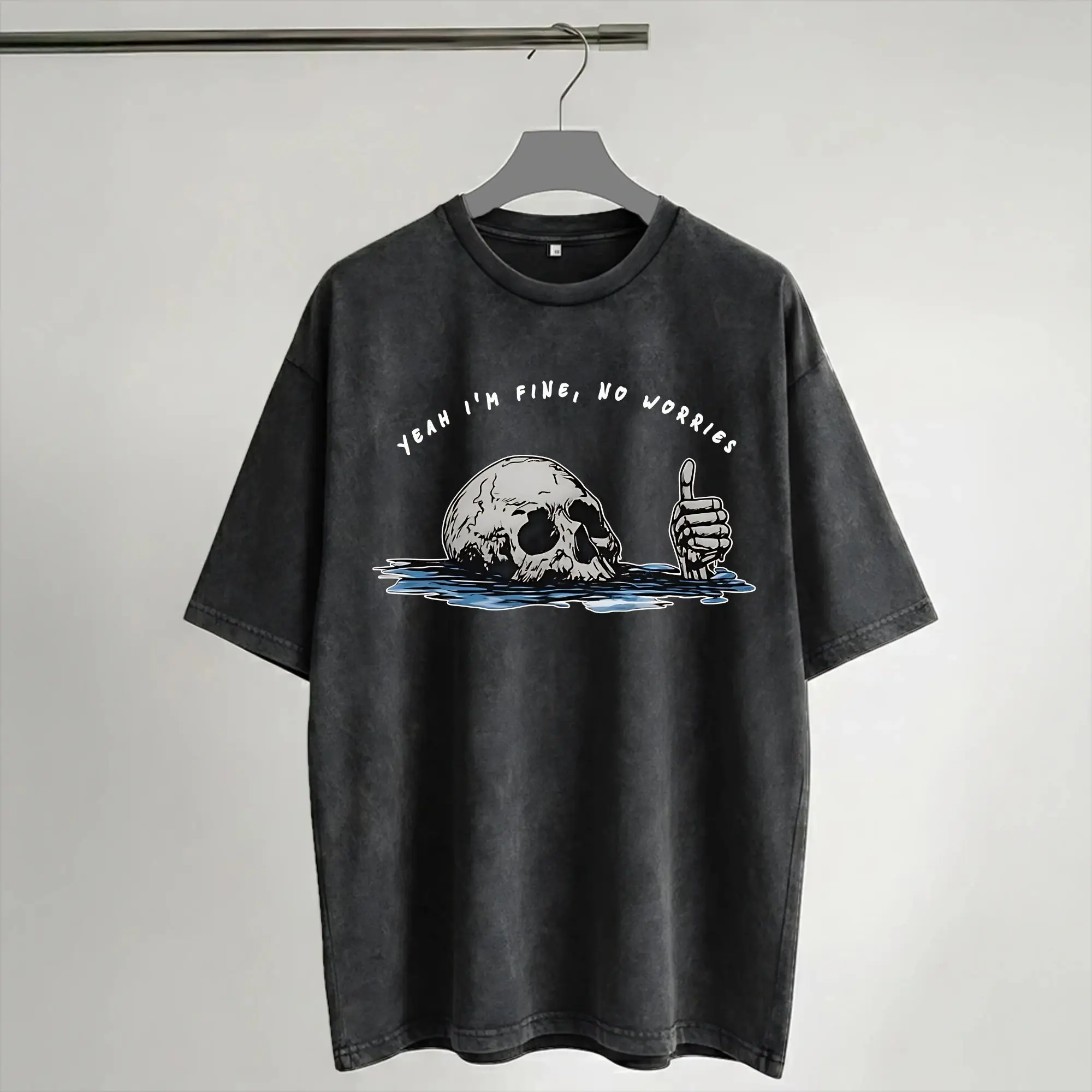 Yeah Im Fine No Worries Funny Skull Apparel Washed T Shirts for Men Women Streetwear Hip Hop T-Shirt Printed Shirt Short Sleeve