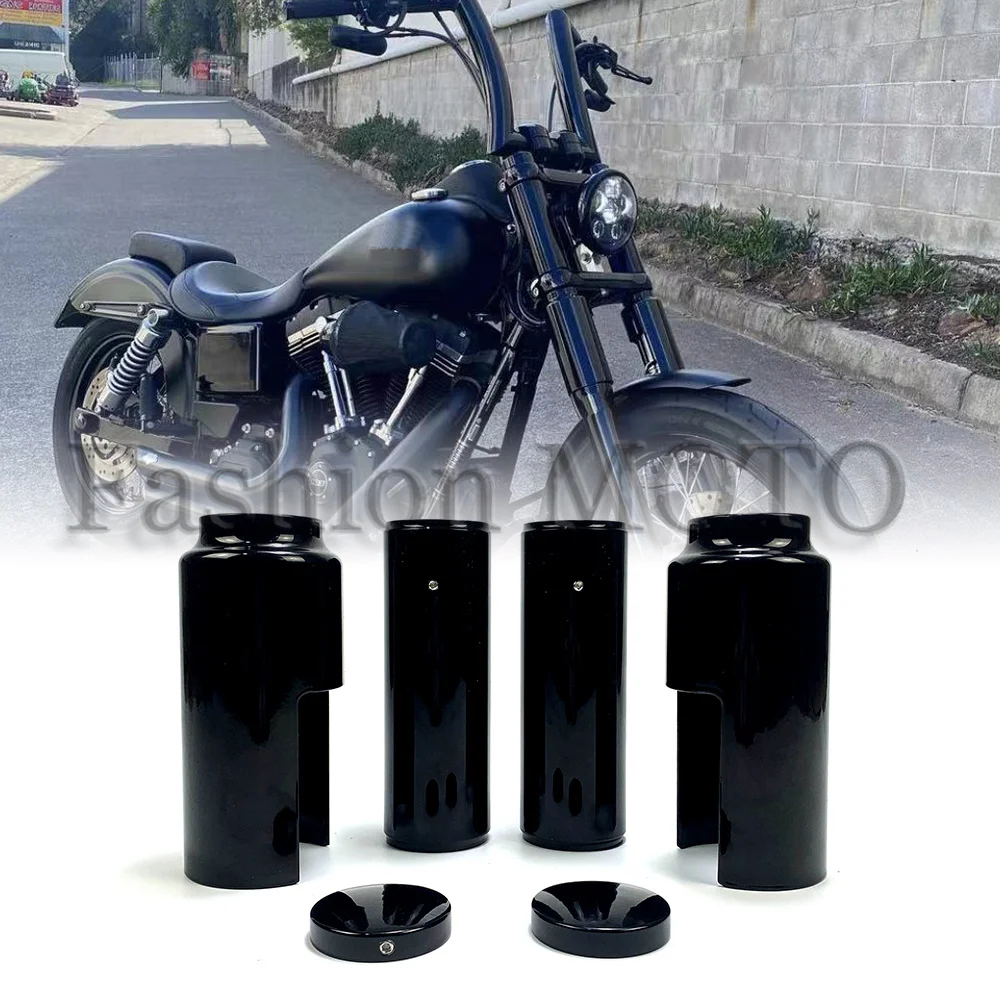 Set penutup garpu depan penuh aluminium sepeda motor hitam Kit topi tabung untuk Harley Dyna FXD Jalan Fat Bob pengendara rendah 2006-2017