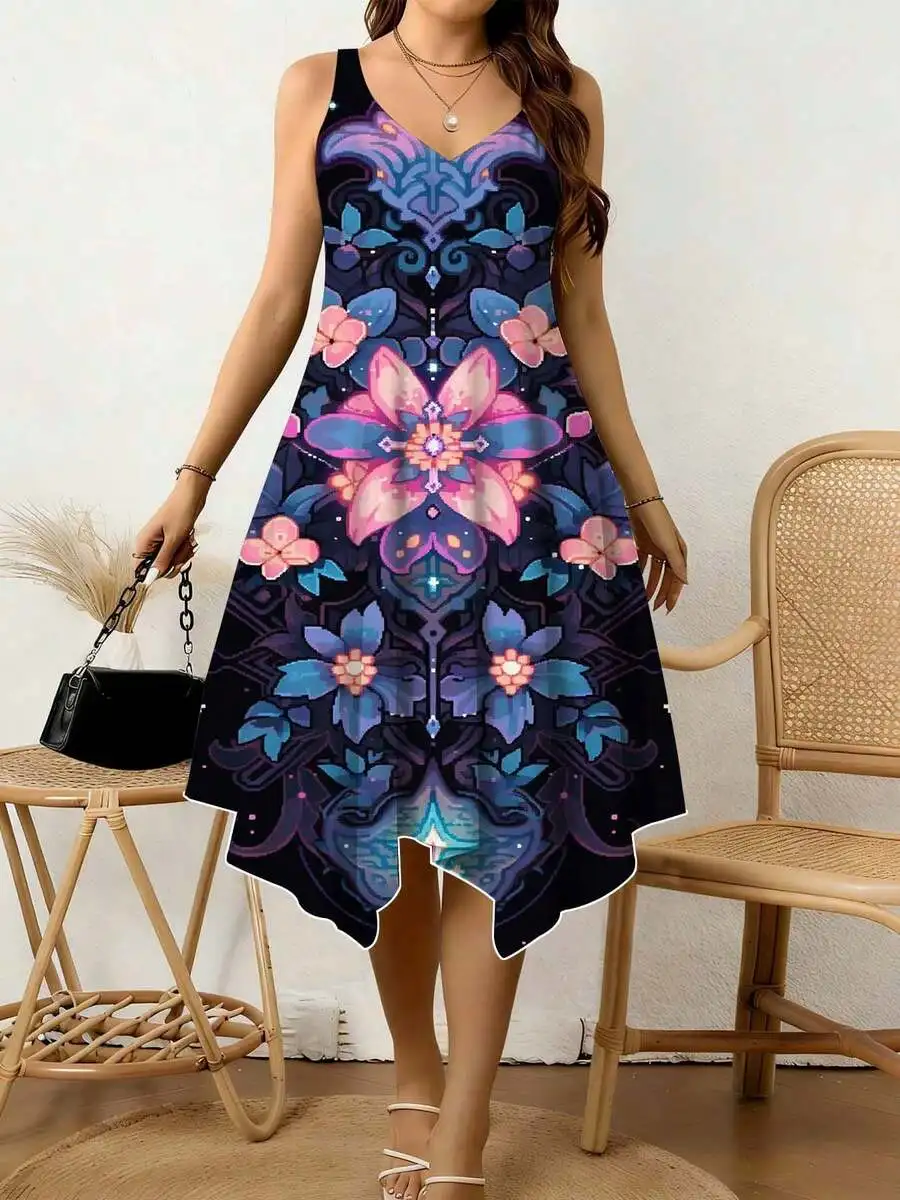 

Women V Neck Irregular Hem Dress Floral Geometric Print Purple Blue Pink Summer Beach Casual