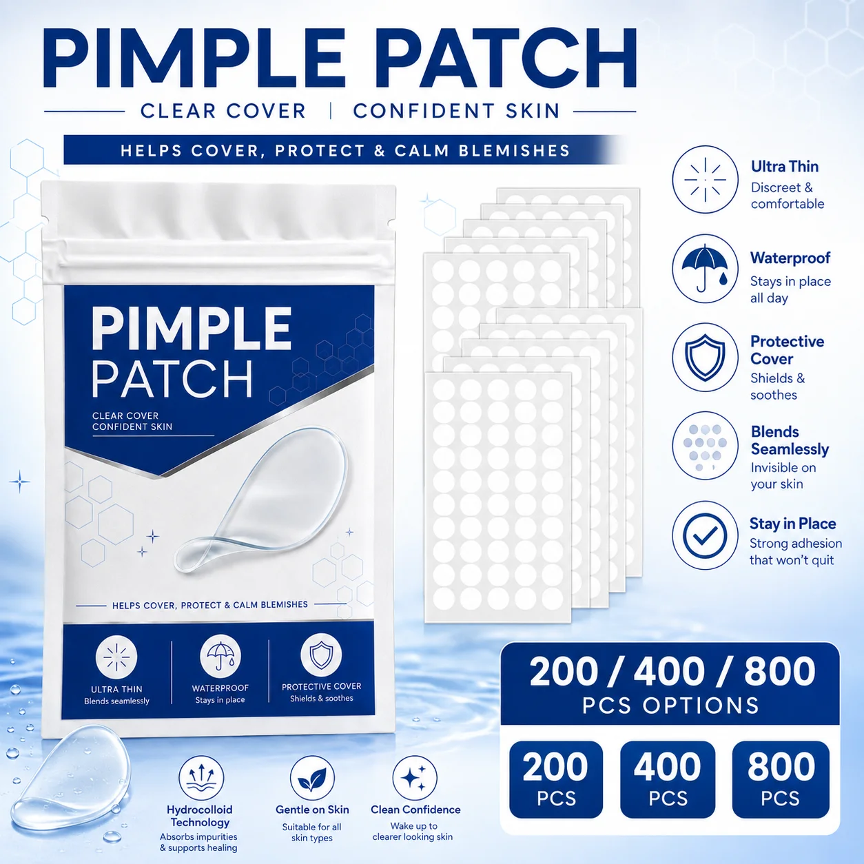 200/400/800Pcs Invisible Hydrocolloid Face Patches, Clear Mini Dot Blemish Cover Stickers, Waterproof, Daily Use