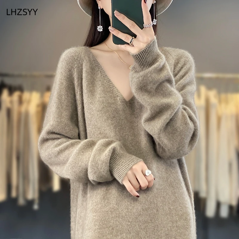 LHZSYY 100% Pure Wool Dress Women V-Neck Mid-Length Top Loose Large Size Sweater Long-Sleeved Warm Jumper Casual Knit Long Skirt