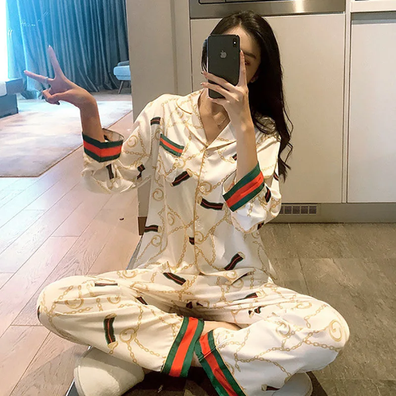 2024 Autumn New Ice Silk Women Pajama Lapel Button Cardigan Outfits for Women 2 Piece Set Fashion Printing Set Clothes for Women