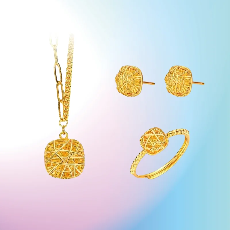

new 9999 Real Gold 24K Niche Design High Sense Geometric Brushed Small Sugar Cube Necklace Ring Stud Earrings Three-piece Set Wo