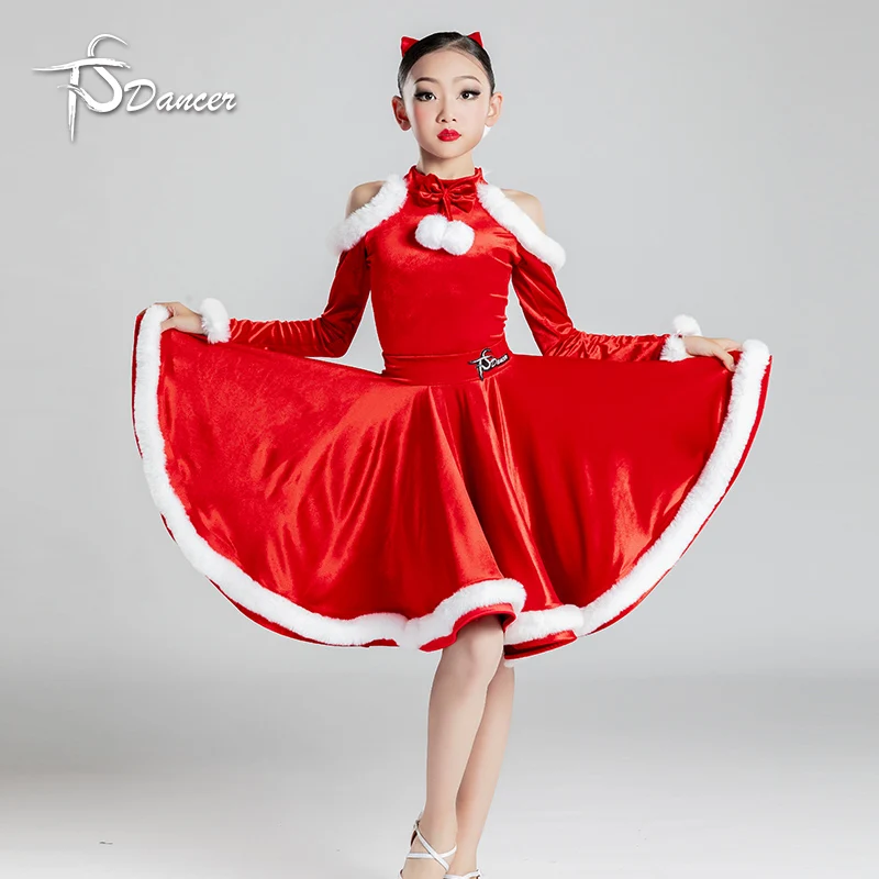 Nowa dziecięca sukienka do tańca latynoamerykańskiego, czerwona, na występy, treningi, konkursy, standardowa, zimowa sukienka na występy.