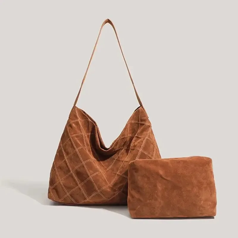 

Large Capacity Velvet Plaid Tote Bag Women Autumn Winter Commuter Composite Shoulder Bag Retro Versatile Thread Design