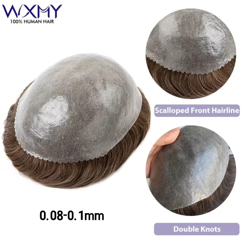 

Мужской парик Double Knots с основой из полиуретана 0.1-0.12 мм, мужской тупе из натуральных волос, система замещения волос для мужчин, капиллярный протез, накладка для волос