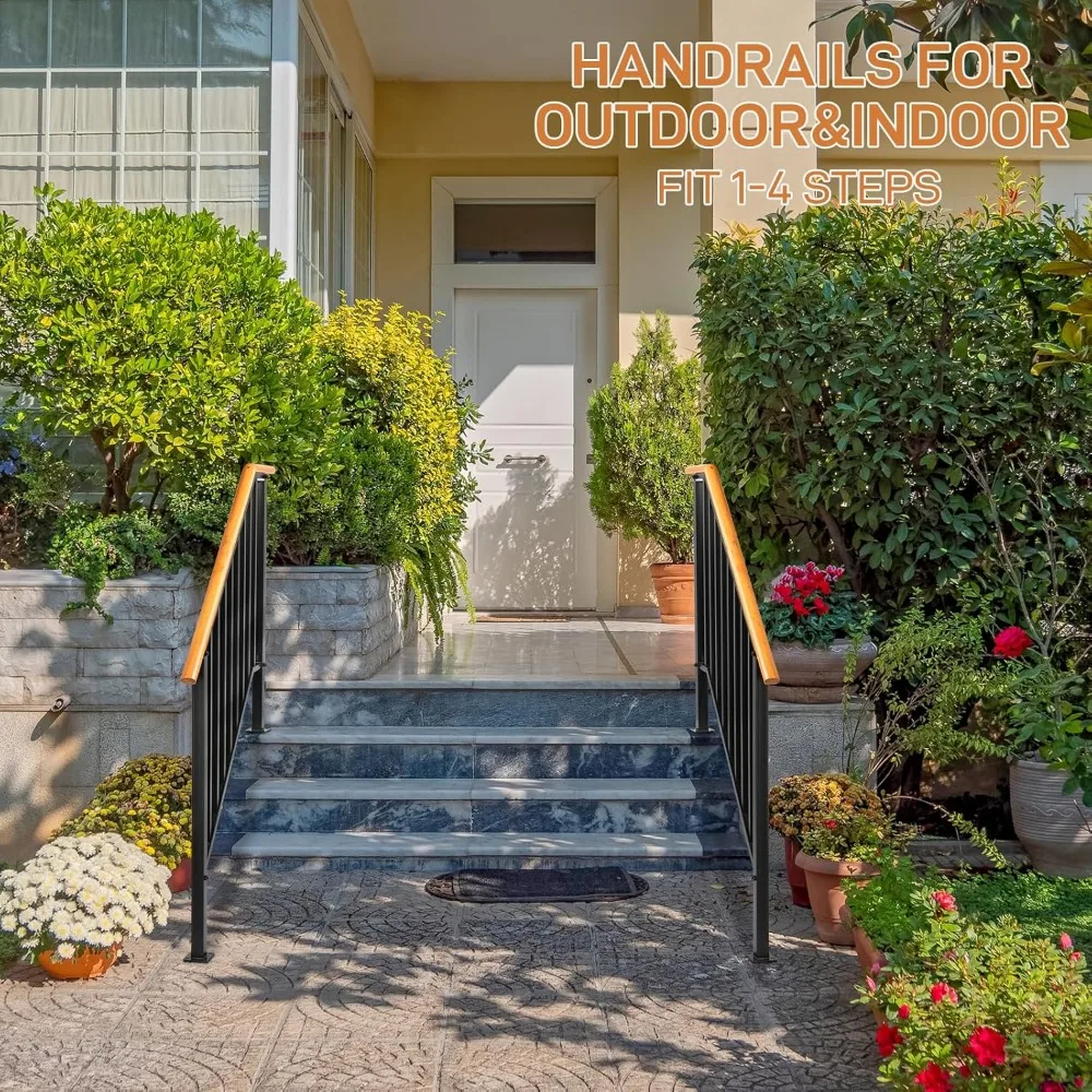 2 Pack 4 Step Handrails for Outdoor Steps, Wrought Iron Stair Railing, Metal Hand Railing with Installation Kit, Staircase Woode