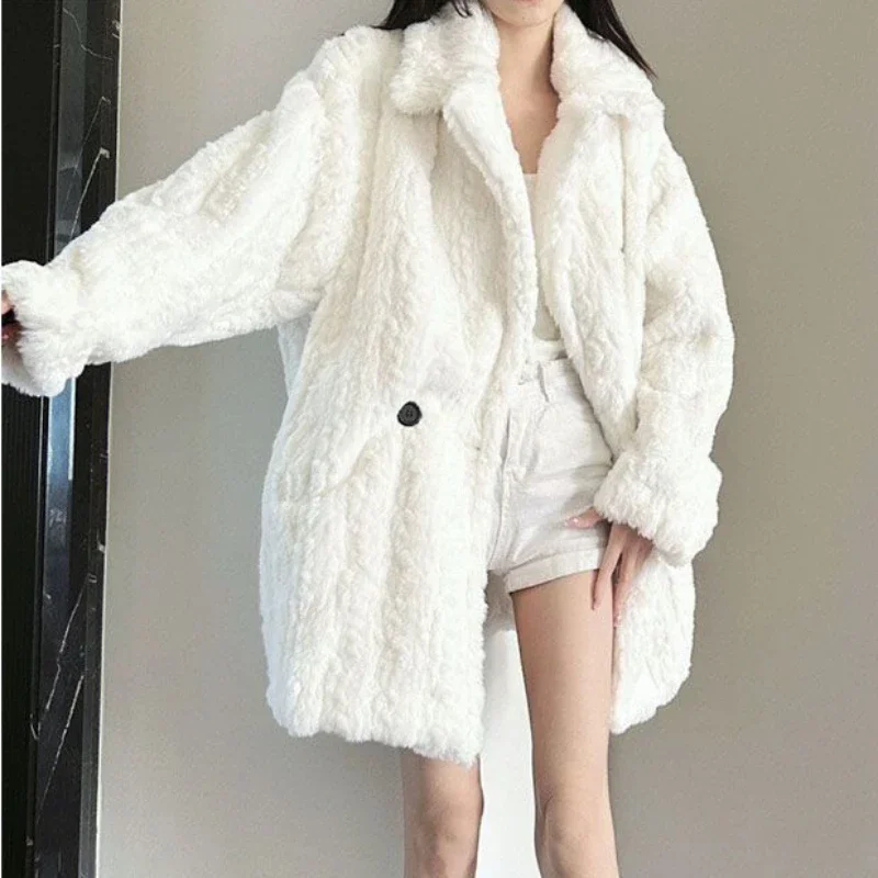 2024 Winter New Women Korean Style Faux Lamb Plush Fur Coat Female Fashion High-End Mid-Length Fleece-Lined Thick Casual Outwear
