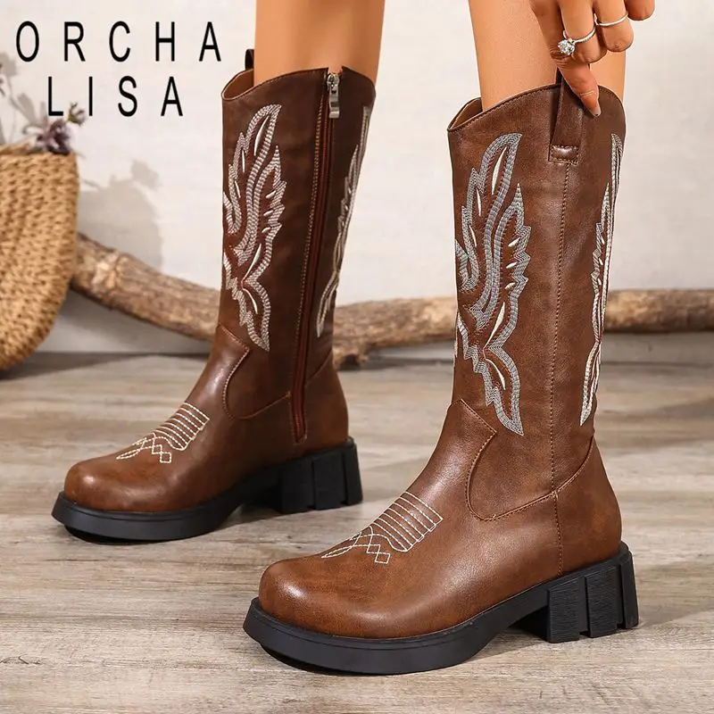 

Fashion Cowboy Western Boots Round Toe 4.5cm Thick Heels Zipper Embroider Big Size 41 42 43 Mid Calf Bota Winter