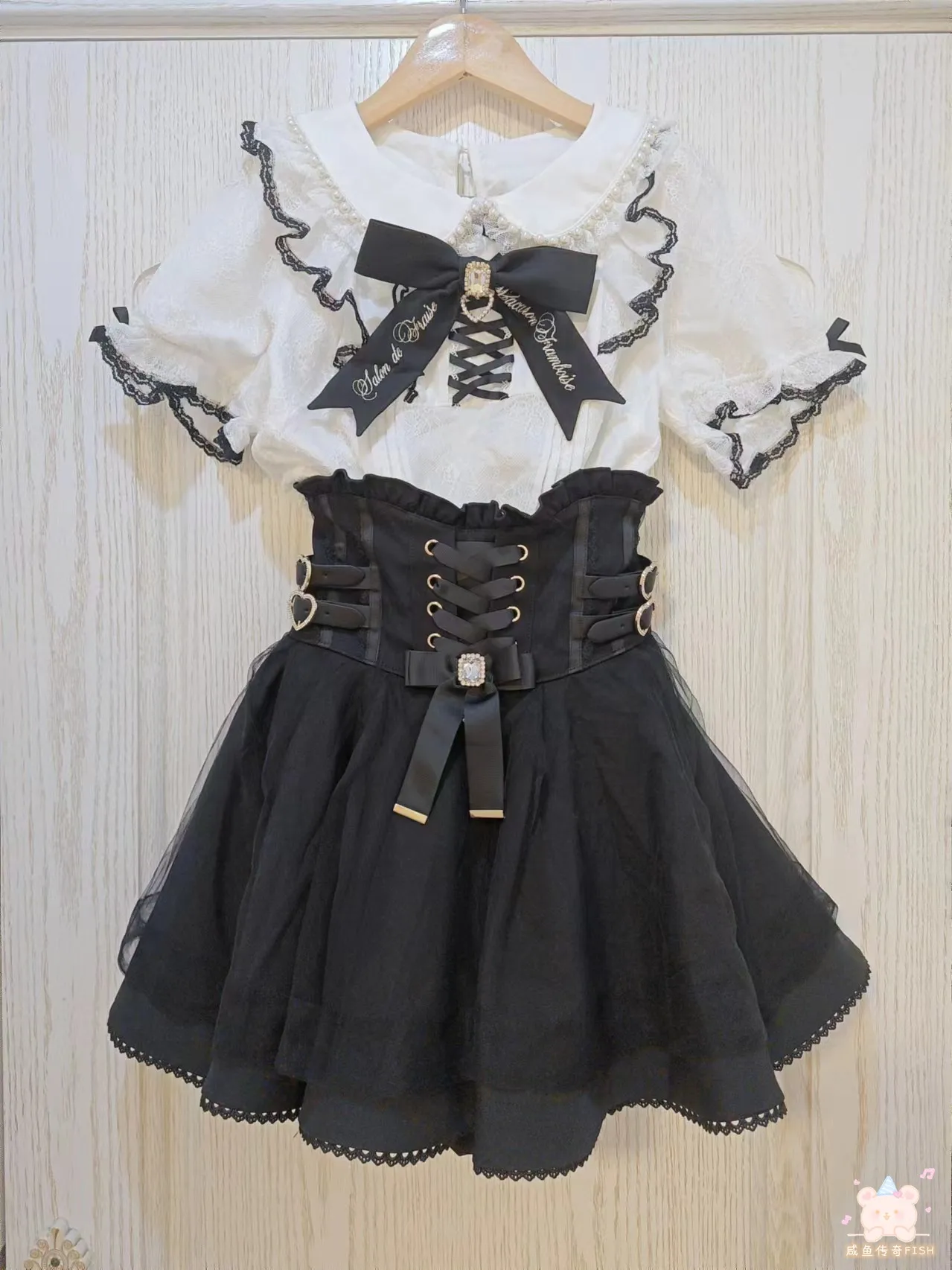 Japanese Mine Style Mass-produced Lace Splicing Pearl Beads Doll Collar Bow Short Sleeve Sweet Lolita Blouse Shirt Top Women