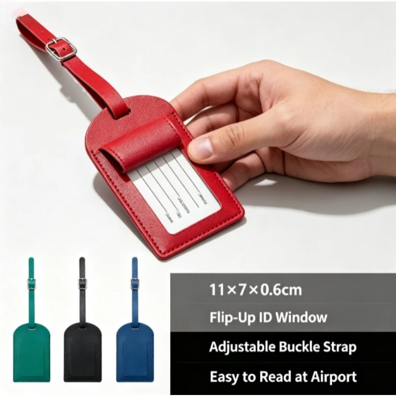 Thick PU Leather Luggage Tag with Metal Buckle & Storage Pouch, Free Blank Name Card Airplane Boarding Label