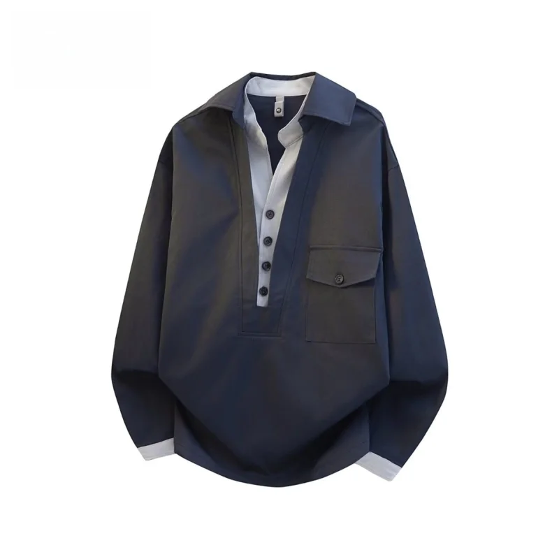 

Loose Long Sleeve Shirt for Men Casual Versatile Hong Kong Style Spring Autumn Polyester Fiber Button Detailing Collar