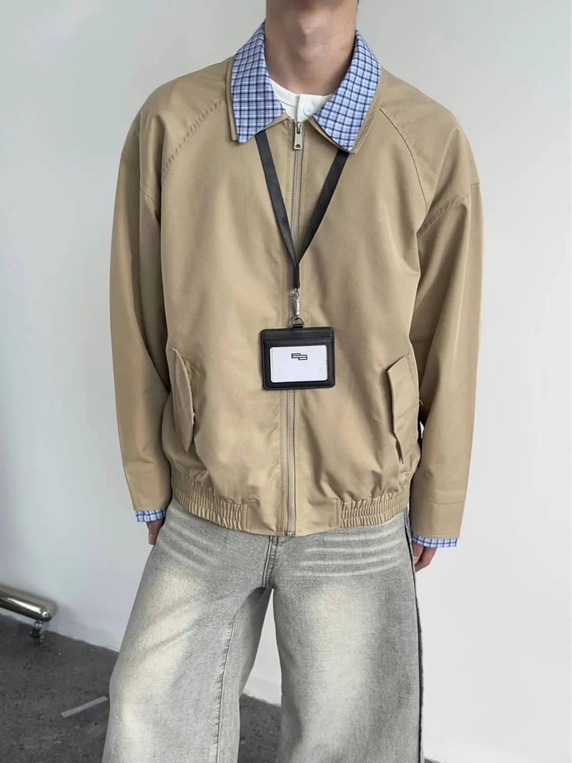 

Retro American Spotted Color Blo Loose Fit Men's Jaet Fake Two-Piece Cheered Patterned Casual Versatile Long Sve Coat