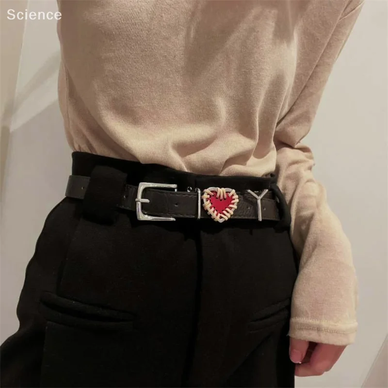 

1PC Red Heart Belt Retro Couple Style Fashion Belt Vintage Small Black Brown Casual PU Leather Belt Korean Style Retro Belt