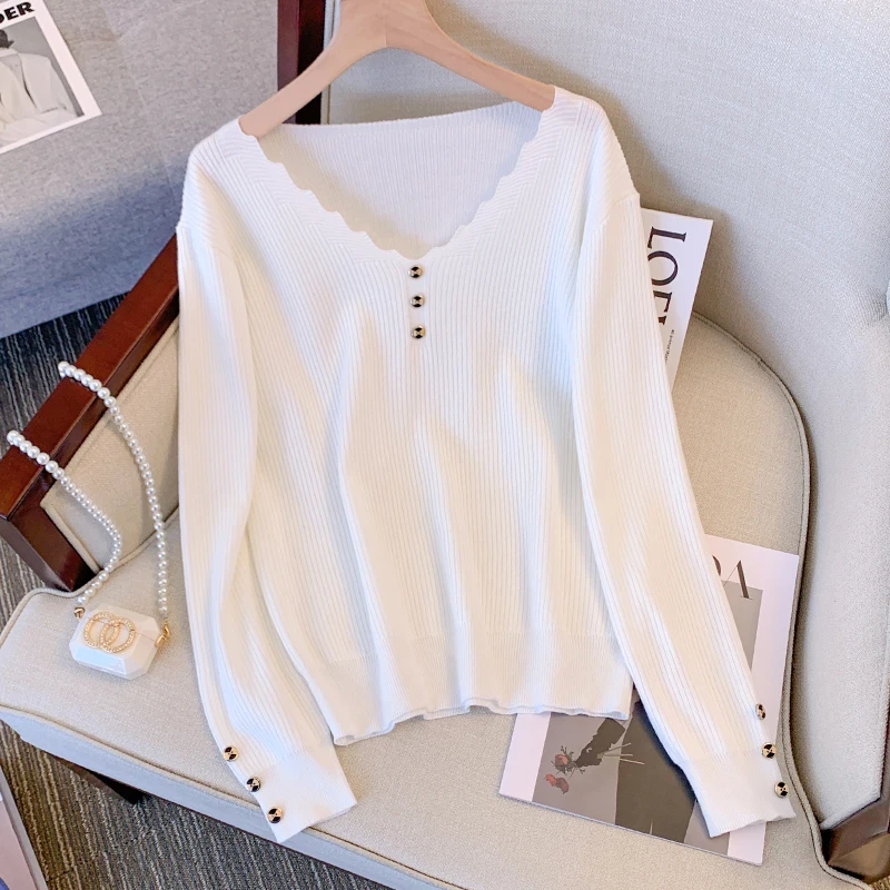 2022 New Oversized Sweater Women V-Neck solid color simple Knitted pullove Long sleeve Button Casual Loose soft Women clothing