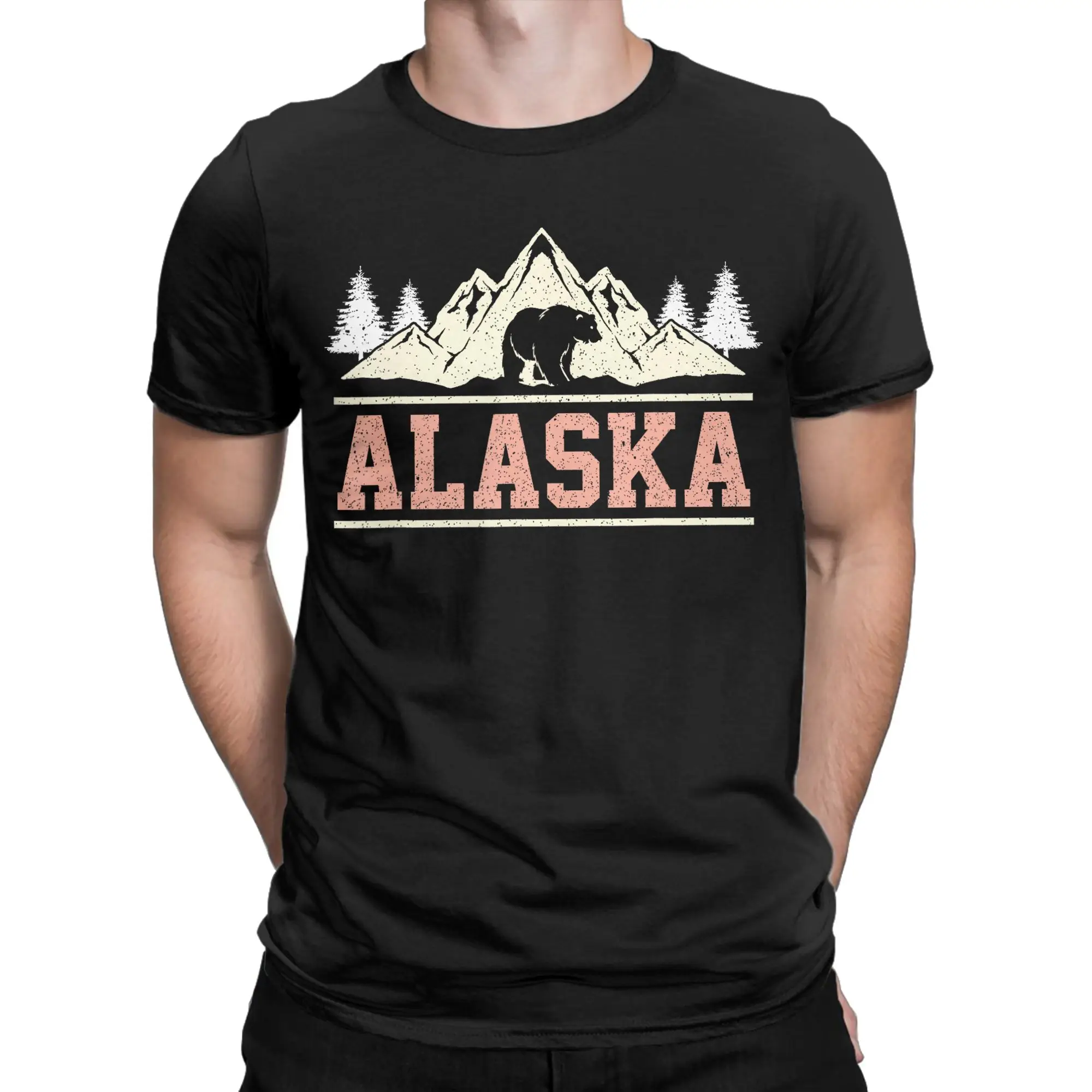 Alaskan Bear Moose Eagle Lake and Mountain Aurora Borealis T Shirt Men's  T-Shirt Round NecK Tee Shirt Short Sleeve Tops Graphic