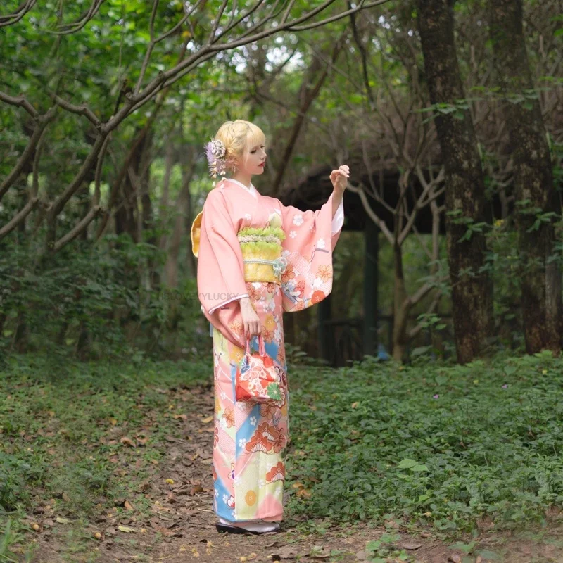 Kimono tradicional japonés para mujer, bata tipo Kimono con estampado de flores nacionales, Kimono tradicional Yukata, ropa de fotografía para niña