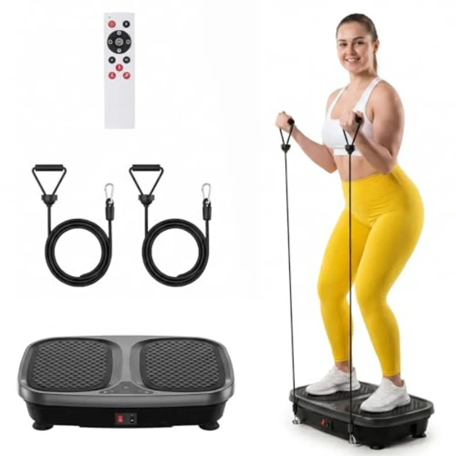 

Vibration Plate for home gym use ABS plastic body in black featuring LED touch screen pull ropes remote controlideal for weight