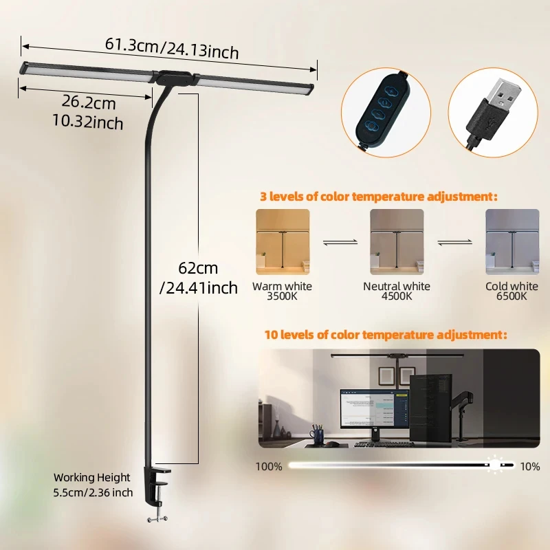 LED Clamp Desk Lamp Double-Head Dimmable
