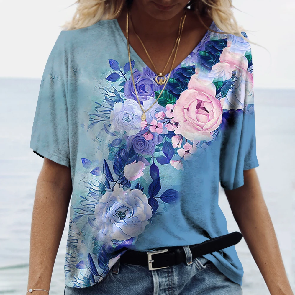 

Summer Women's T-Shirts 3D Flower Print V Neck Gradient Short Sleeve Tops Casual Ladies T Shirt Fashion Tees Women Clothing Y2k