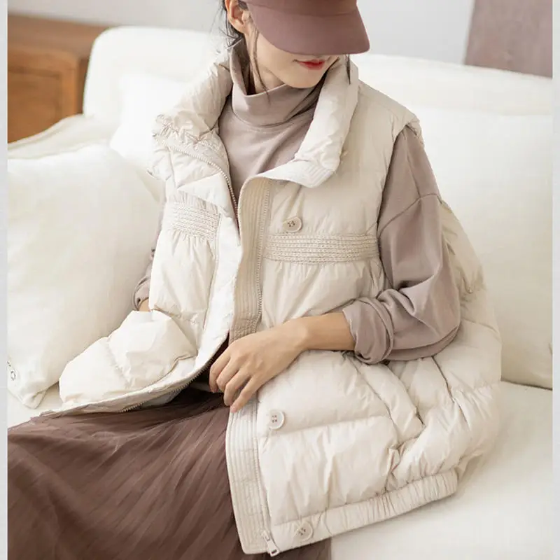 Winter Women Coat Vest Light Short Sleeveless Down Jacket White Duck Down Thicken Warm Windproof Standing Collar Zipper