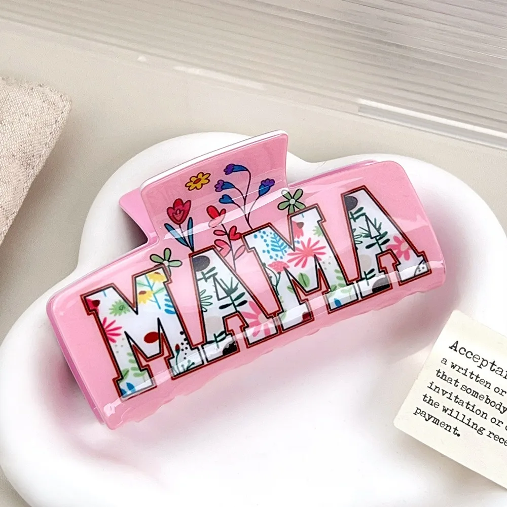 

Fashion Square MaMa Hair Claw Flora Print Retro Acetic Acid Shark Clip Colorful Ponytail Clip Geometry Hair Claw Wash Face